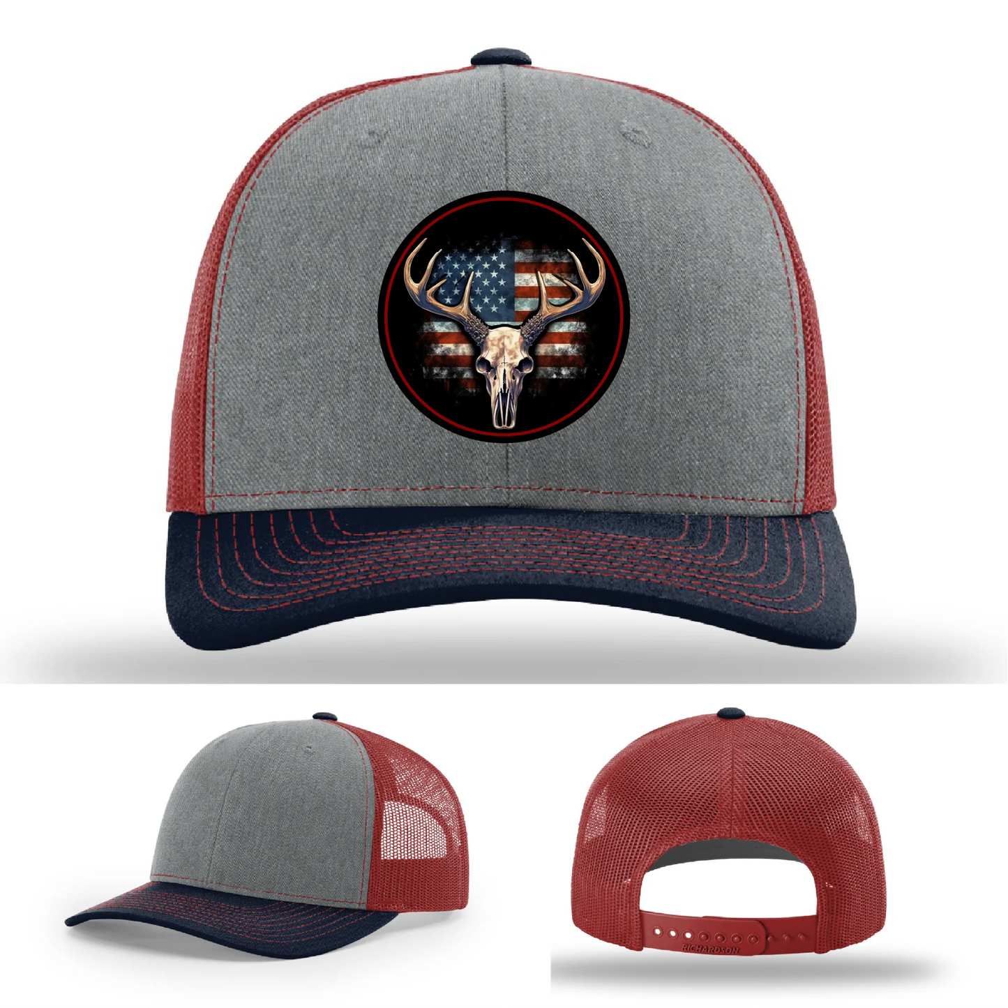 Patriotic Buck | Round Leather Patch Deer Skull & Flag