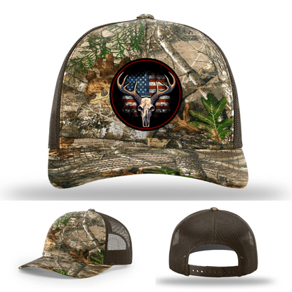 Patriotic Buck | Round Leather Patch Deer Skull & Flag