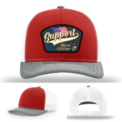 Support Blue Collar Hat | Leather Patch American Flag Design