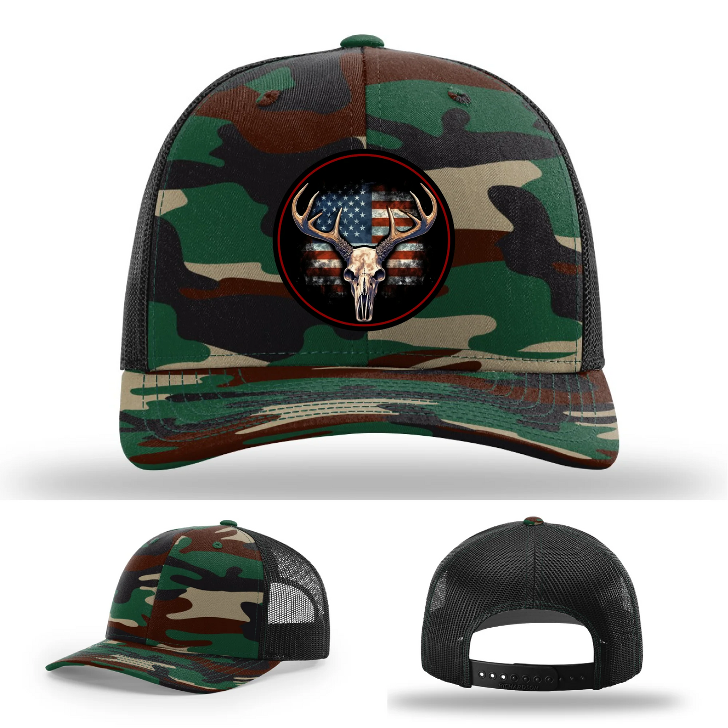 Patriotic Buck | Round Leather Patch Deer Skull & Flag