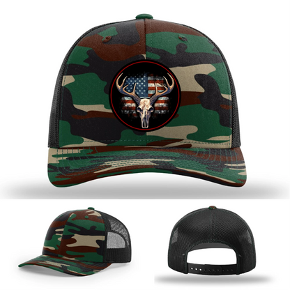 Patriotic Buck | Round Leather Patch Deer Skull & Flag