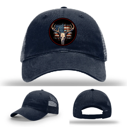 Patriotic Buck | Round Leather Patch Deer Skull & Flag