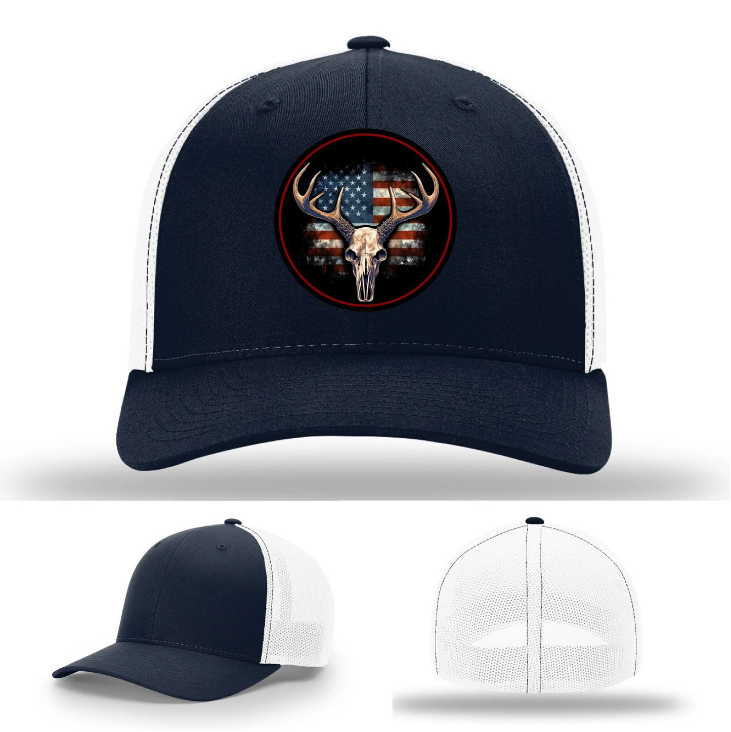 Patriotic Buck | Round Leather Patch Deer Skull & Flag