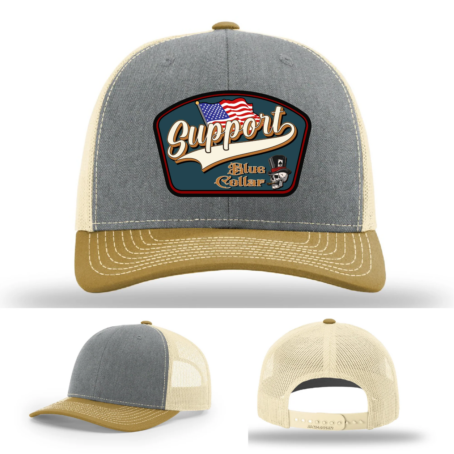 Support Blue Collar Hat | Leather Patch American Flag Design