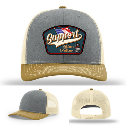 Support Blue Collar Hat | Leather Patch American Flag Design