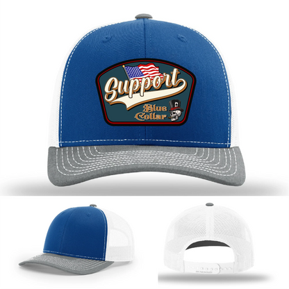 Support Blue Collar Hat | Leather Patch American Flag Design