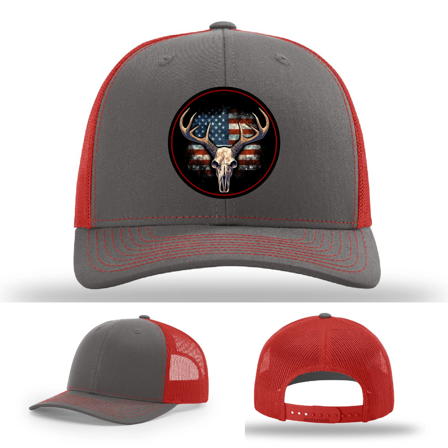 Patriotic Buck | Round Leather Patch Deer Skull & Flag