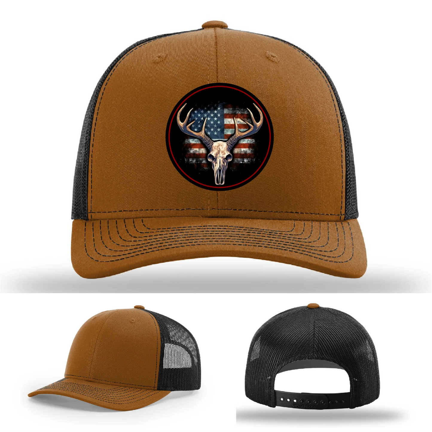 Patriotic Buck | Round Leather Patch Deer Skull & Flag