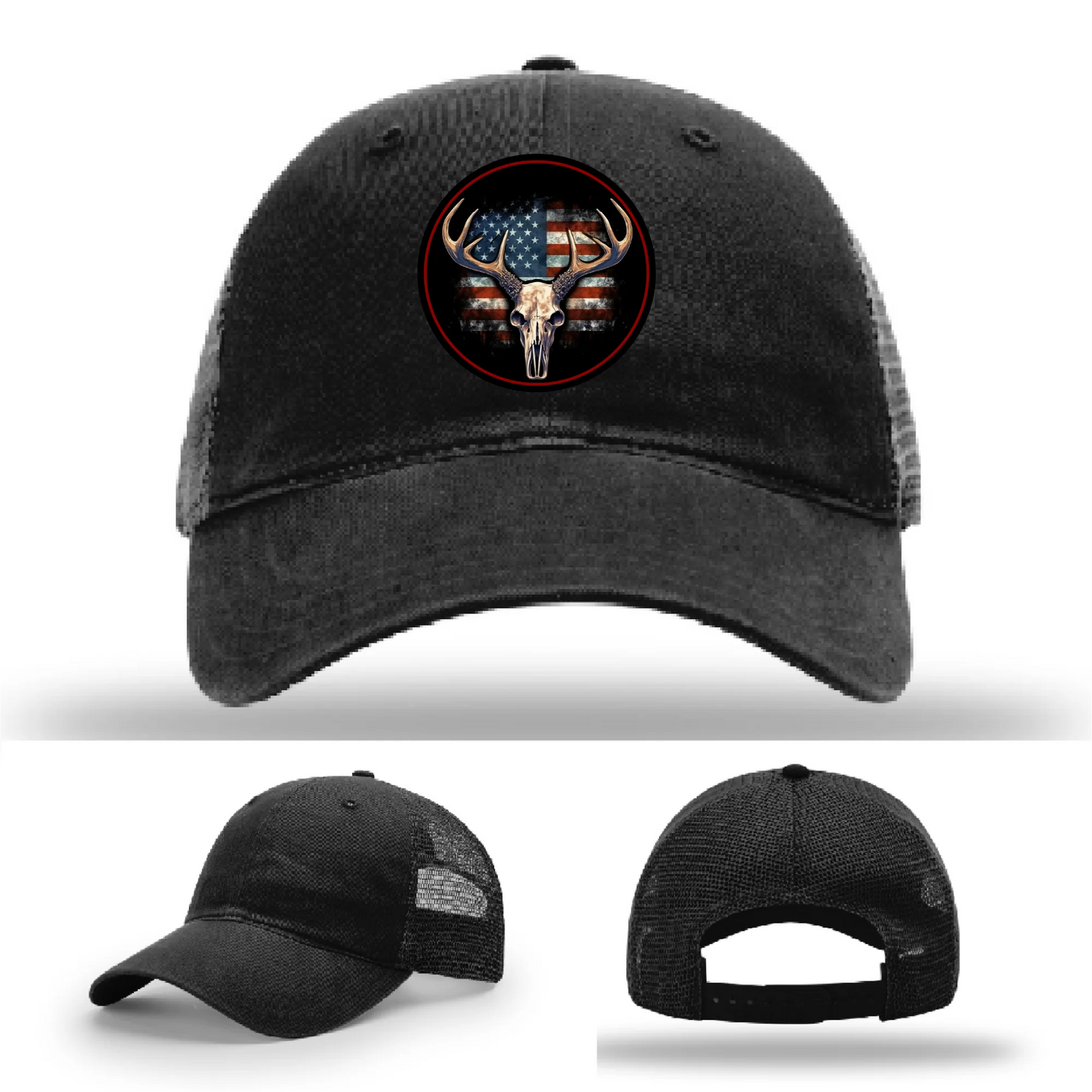 Patriotic Buck | Round Leather Patch Deer Skull & Flag