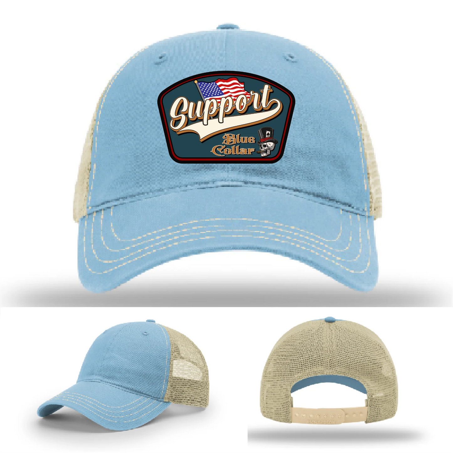 Support Blue Collar Hat | Leather Patch American Flag Design