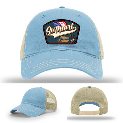 Support Blue Collar Hat | Leather Patch American Flag Design