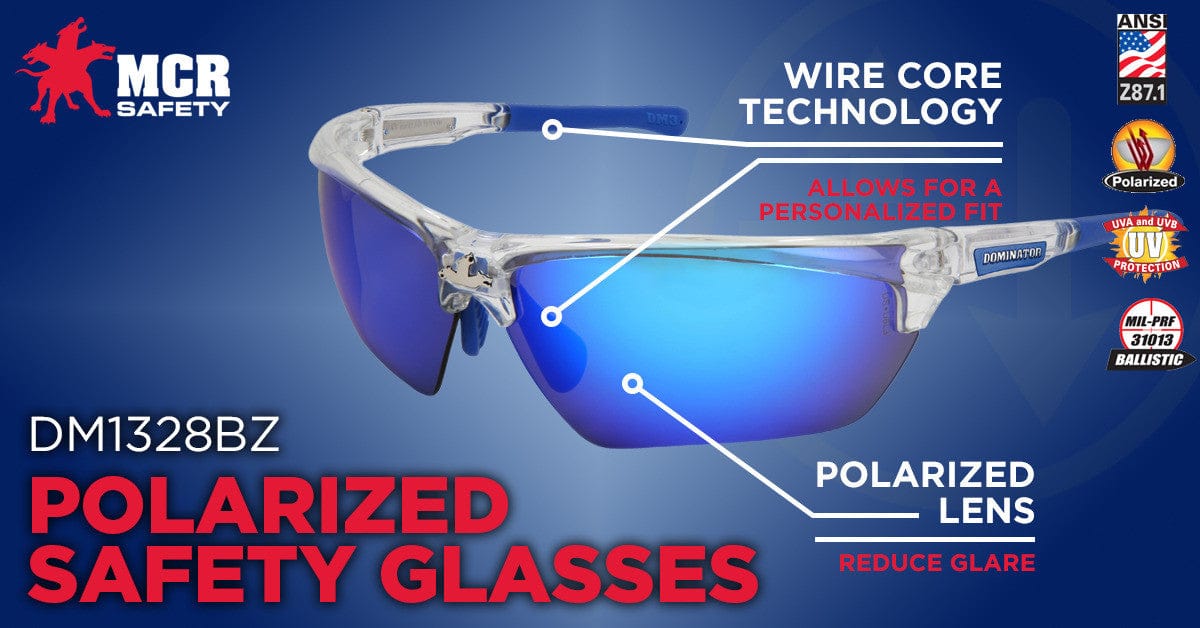MCR Safety Dominator 3 Safety Glasses with Clear Frame and Polarized Ice Blue Mirror Lens