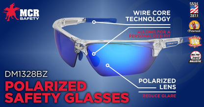 MCR Safety Dominator 3 Safety Glasses with Clear Frame and Polarized Ice Blue Mirror Lens