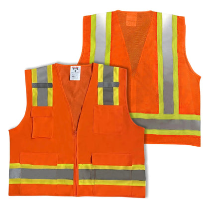 Safety Main 05TTSOZ Surveyor Vest, Class 2, Solid Front, Mesh Back, Hi-Vis Orange, Pack of 5