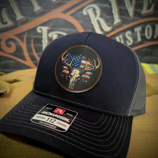 Patriotic Buck | Round Leather Patch Deer Skull & Flag