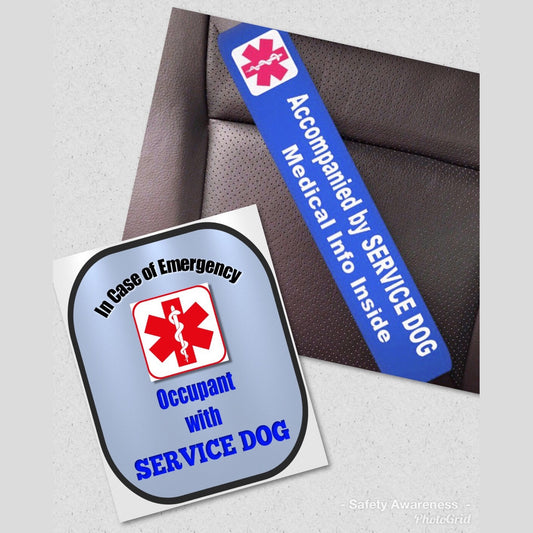 Service Dog Seat Belt Cover - Window Decal Set Medical Alert - Royal Blue