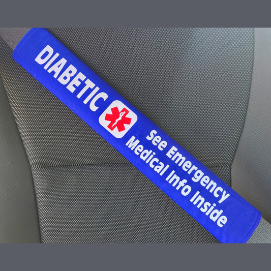 Diabetic - Type 2 - Medical Alert Seat Belt Cover - Inside Pocket - Medical Info Sheet