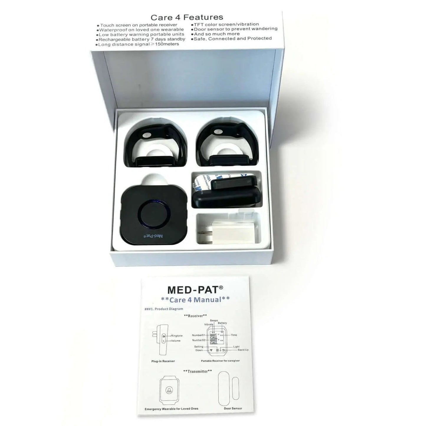 Med-Pat CARE-4 Caregiver Pager System | Wearable Touchscreen Receiver, Waterproof Emergency Button & Door Sensor – 24/7 Safety Kit