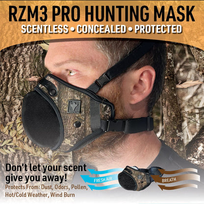 RZ Mask Camo RZM3: Hunt, work, or play with ultimate comfort and patented 3-strap versatility!