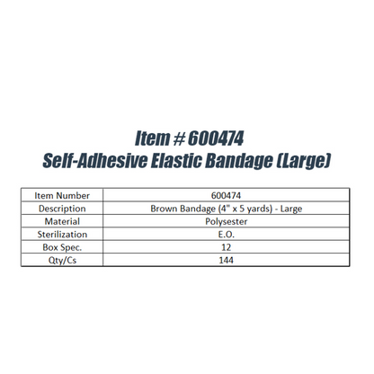 Self-Adhesive Brown Elastic Bandage (4 in x 5 yds) - Large (144pcs)
